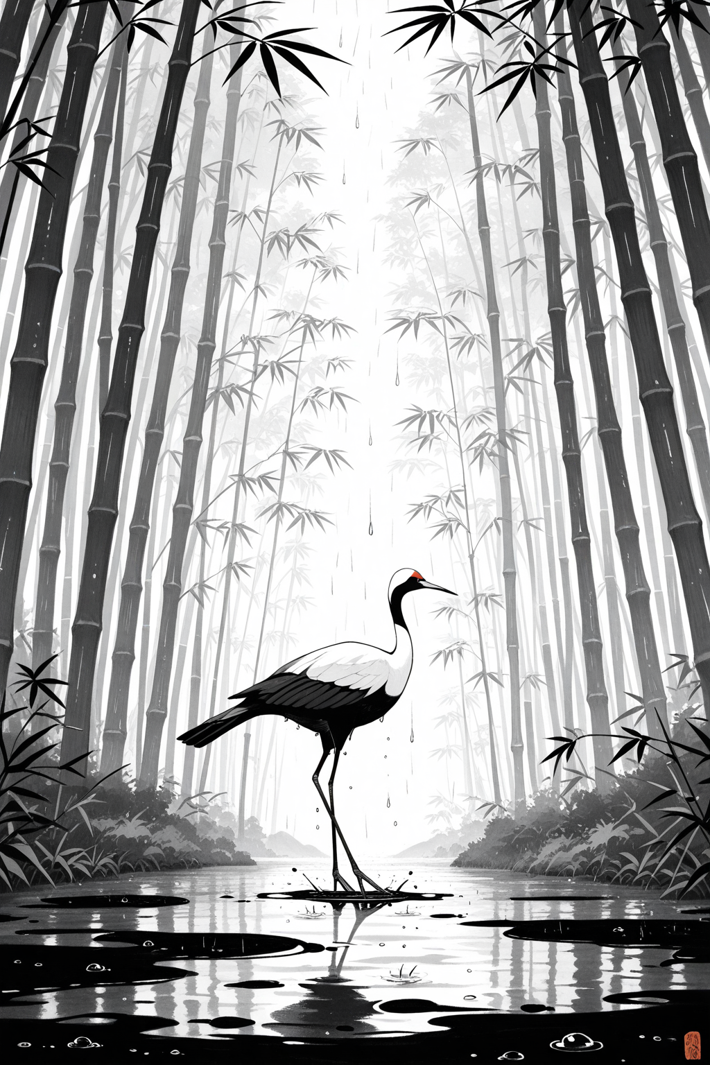 Elegant crane in bamboo forest rain - minimalist monochrome zen anime wallpaper