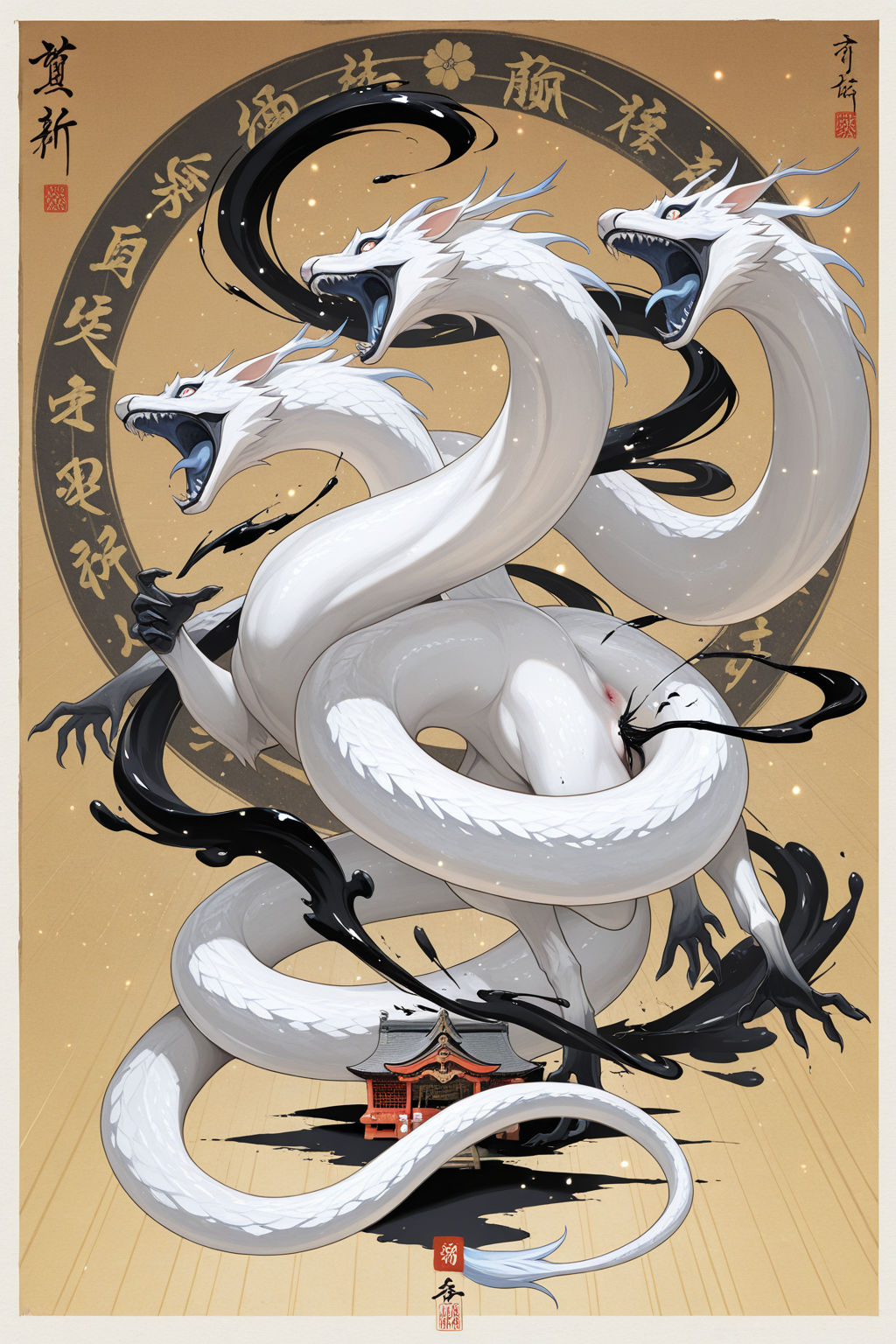 Three-headed white dragon in Japanese ink art style - legendary anime dragon wallpaper