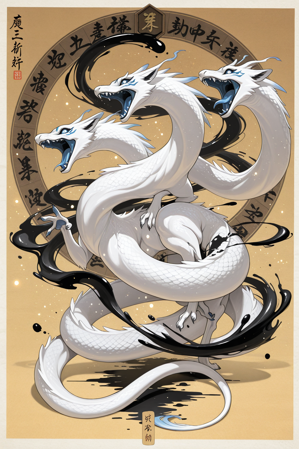 Epic three-headed dragon with Japanese calligraphy - anime mythical beast wallpaper
