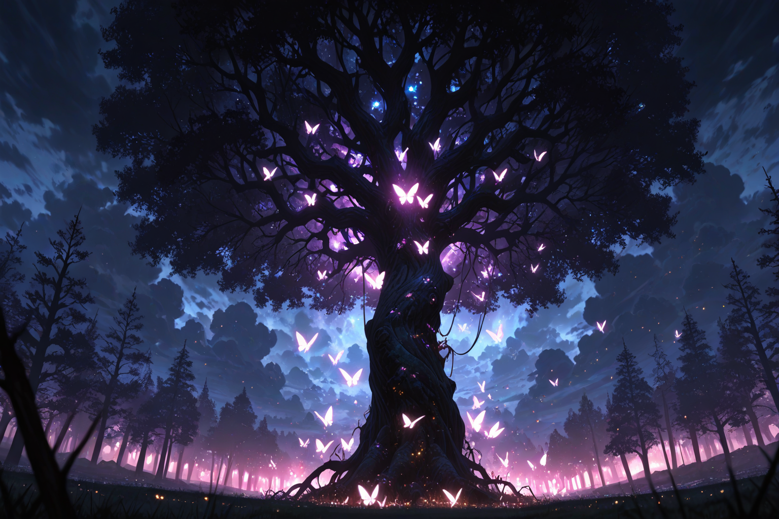 Magical tree with glowing butterflies in mystic forest - enchanted anime nature wallpaper