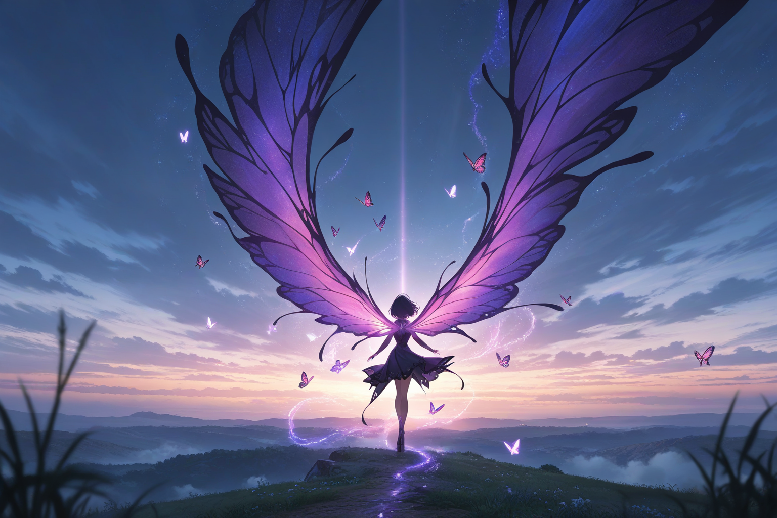 Anime fairy with butterfly wings at sunrise - magical girl transformation wallpaper