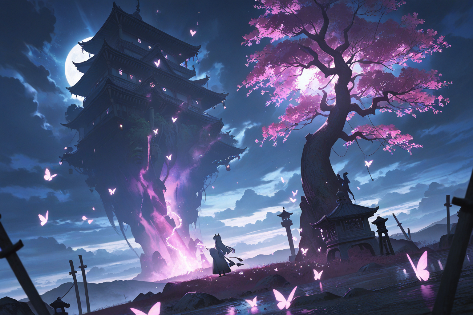 Mystical floating shrine tower with sakura tree and butterflies under full moon - fantasy anime wallpaper