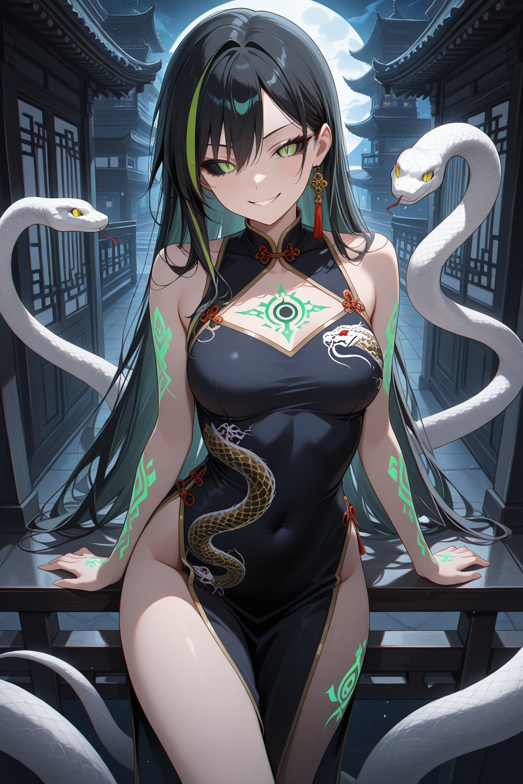 Anime girl in black cheongsam with white snake and glowing tattoos - mystical night wallpaper