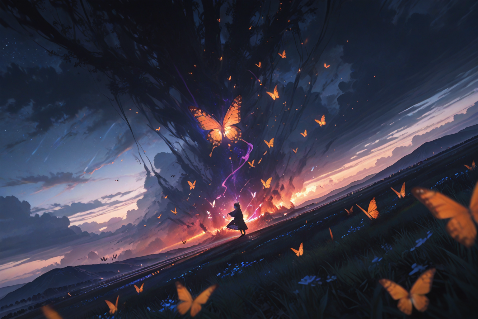 Anime girl casting butterfly magic spells at dramatic sunset - magical powers wallpaper