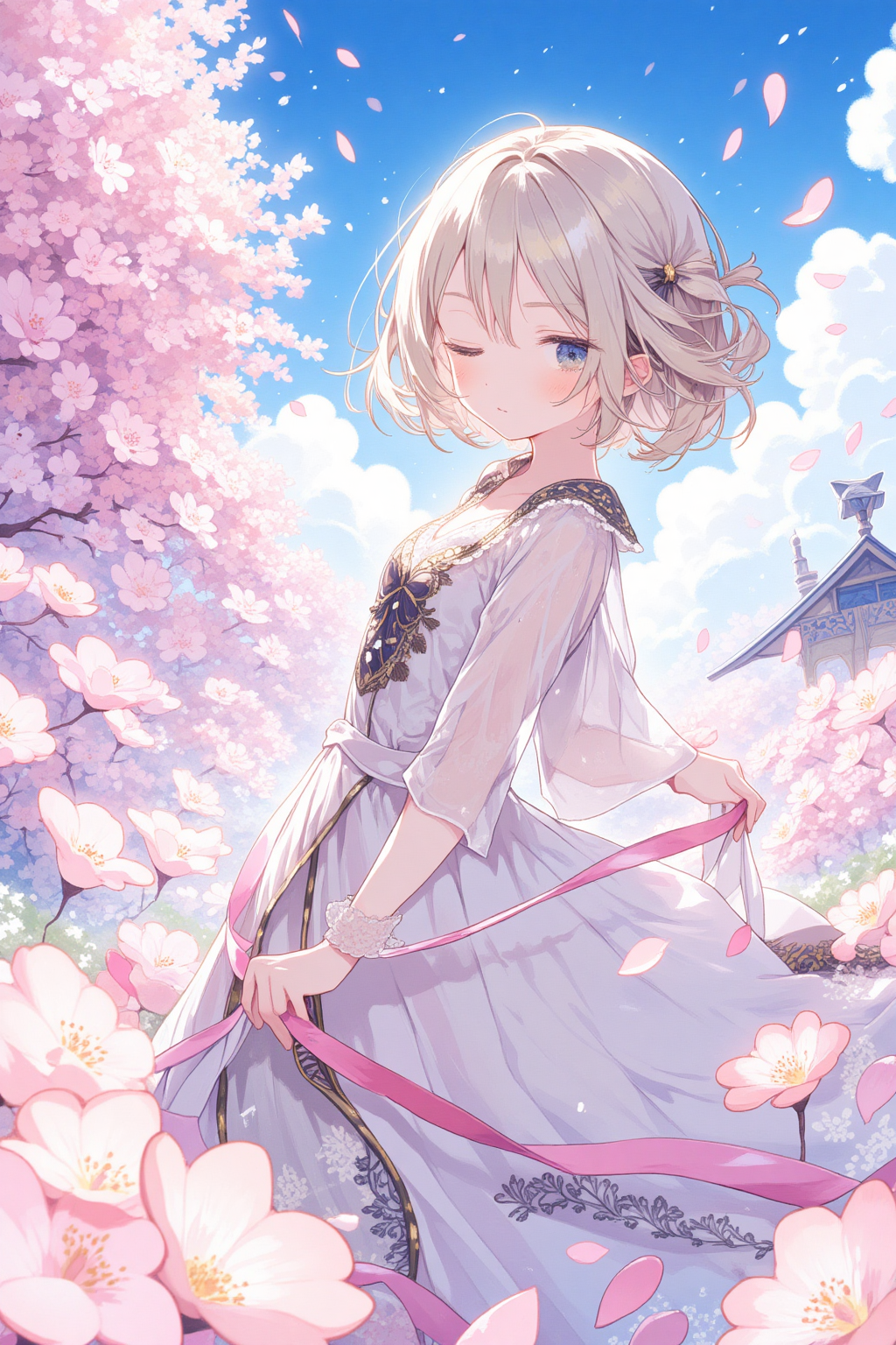 Elegant anime girl in white dress under cherry blossoms - spring sakura wallpaper