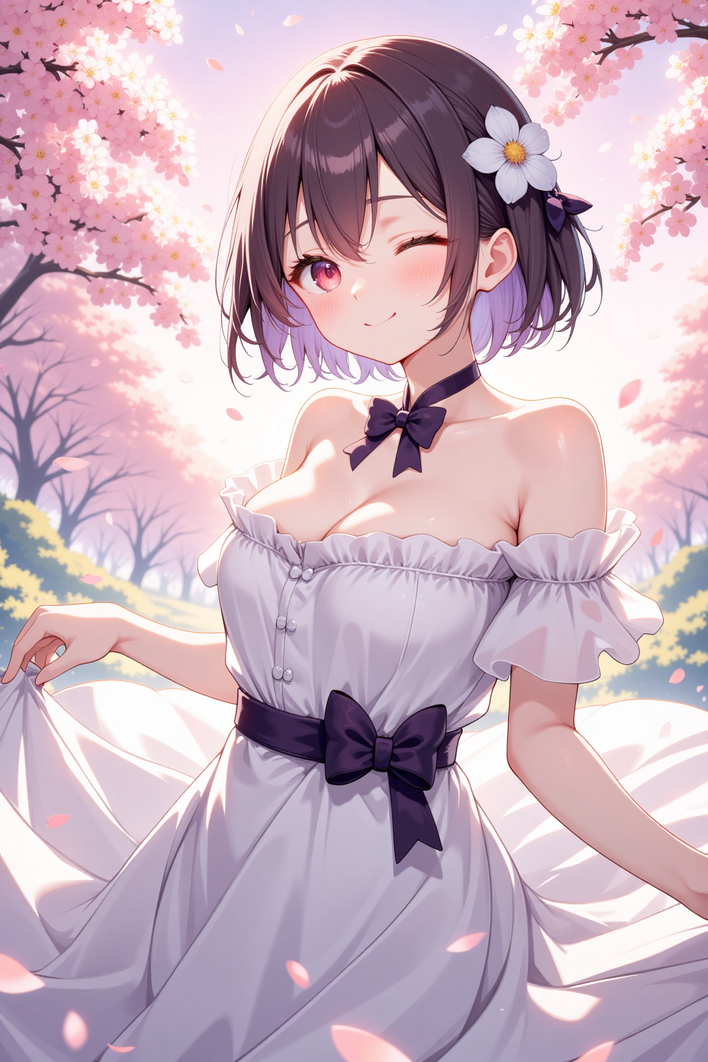 Beautiful anime girl in white dress with falling cherry blossom petals - romantic sakura wallpaper