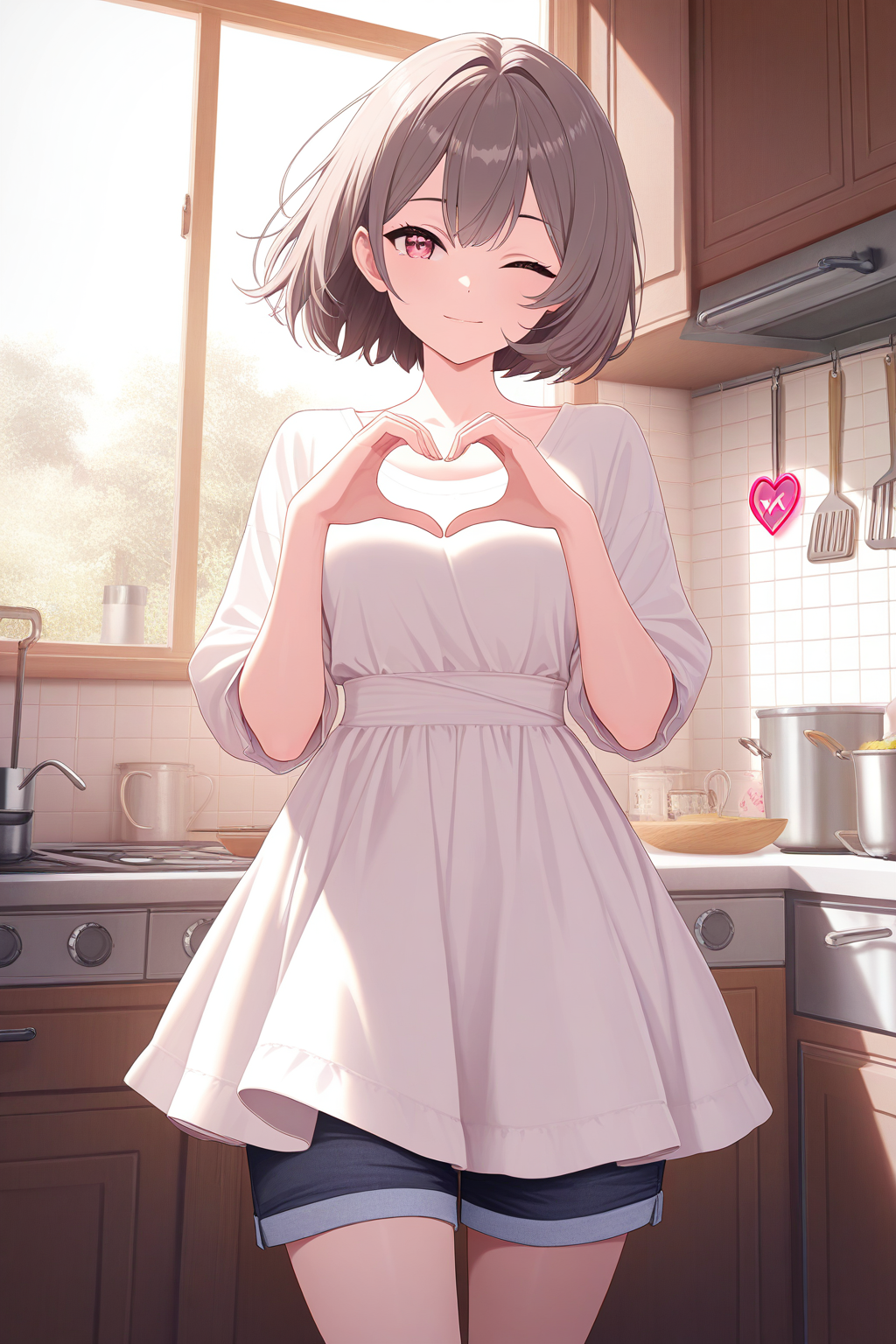 Anime girl making heart hands in bright morning kitchen - wholesome slice of life wallpaper