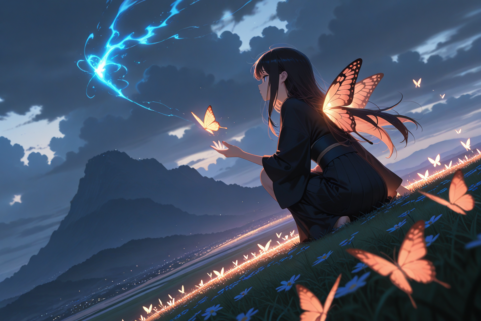 Anime girl with glowing butterfly wings casting magic at night - mountain fantasy wallpaper