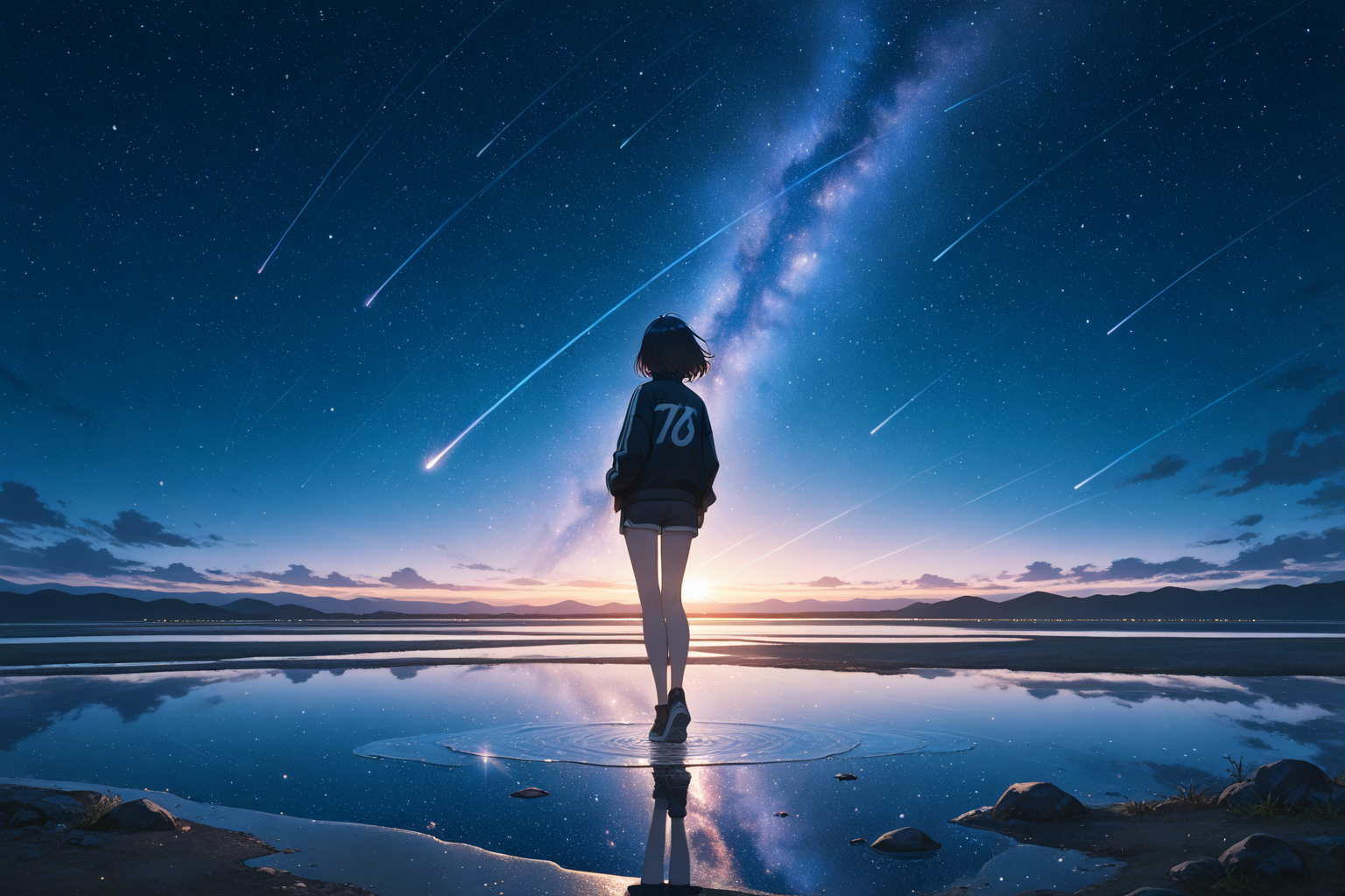 Anime girl under meteor shower with lake reflection - dramatic 4K celestial wallpaper