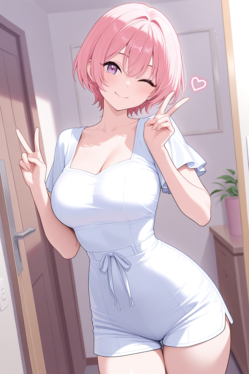 Cute anime girl with pink hair in white dress - kawaii character wallpaper