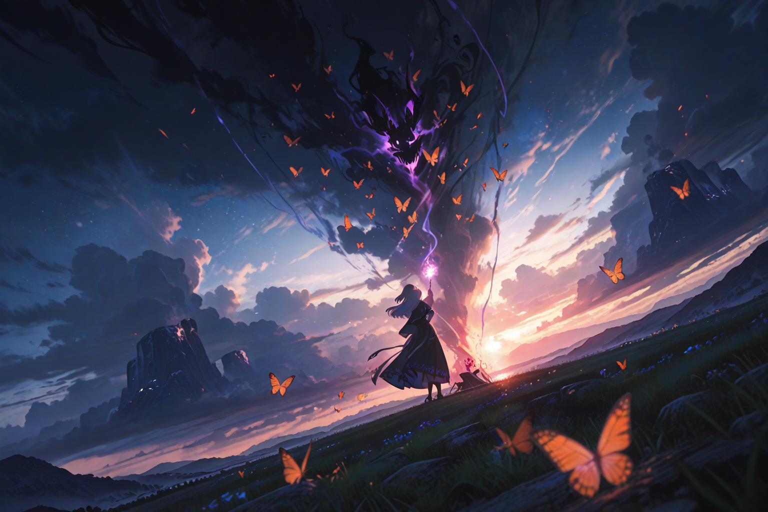 Anime sorceress summoning magical butterflies in fantasy landscape - epic magic wallpaper