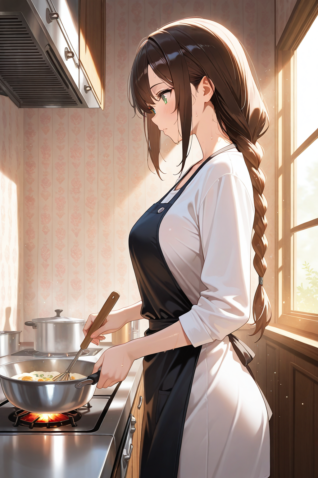 Anime woman with braided hair cooking in sunlit kitchen - peaceful domestic scene wallpaper