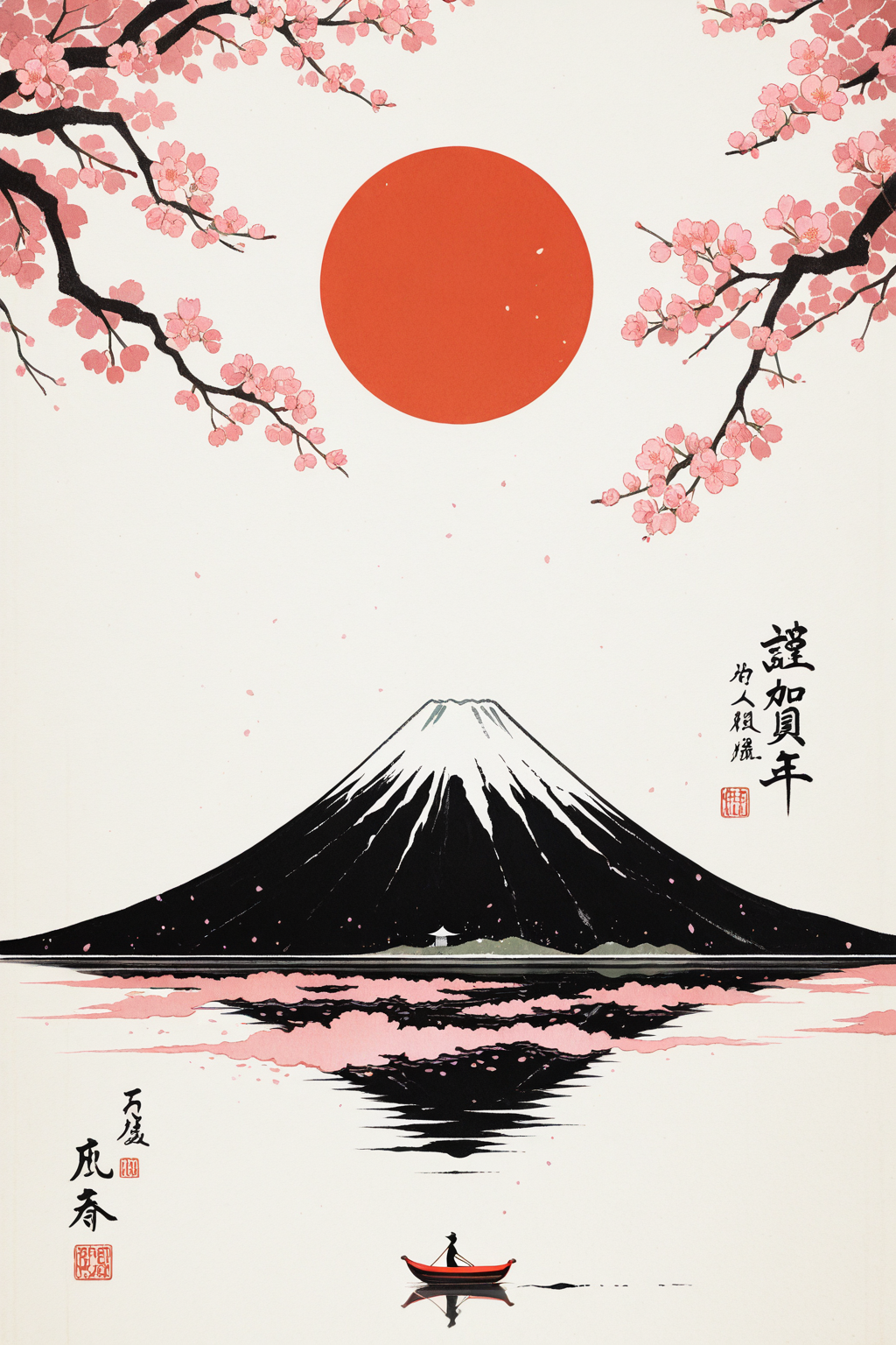 Cherry blossoms framing Mount Fuji sunrise with boat - Japanese ink art landscape wallpaper