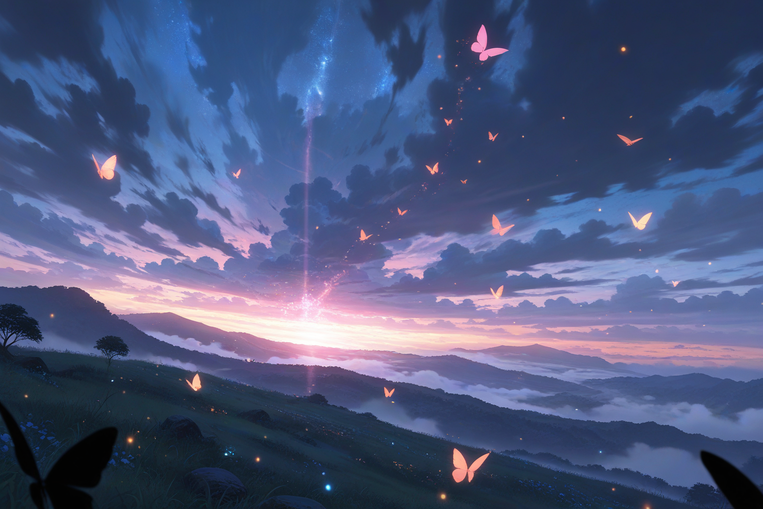 Glowing butterflies floating at sunset - peaceful anime landscape wallpaper