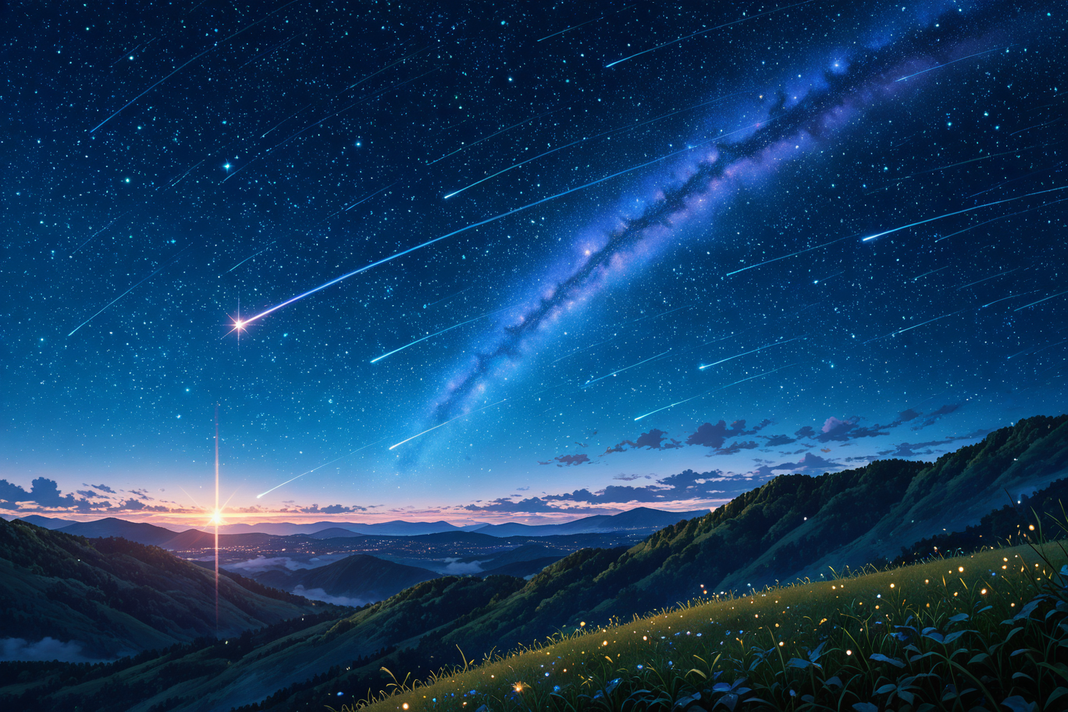 Mountain valley with shooting stars streaking across sky - epic anime landscape wallpaper