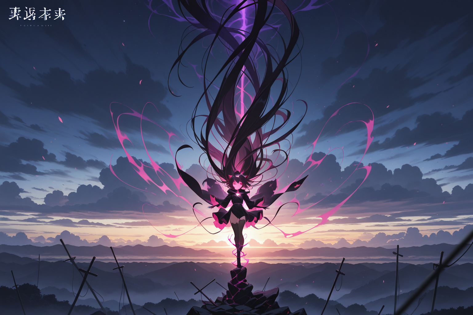 Dark magical girl transformation at sunset with swords and energy - epic anime wallpaper