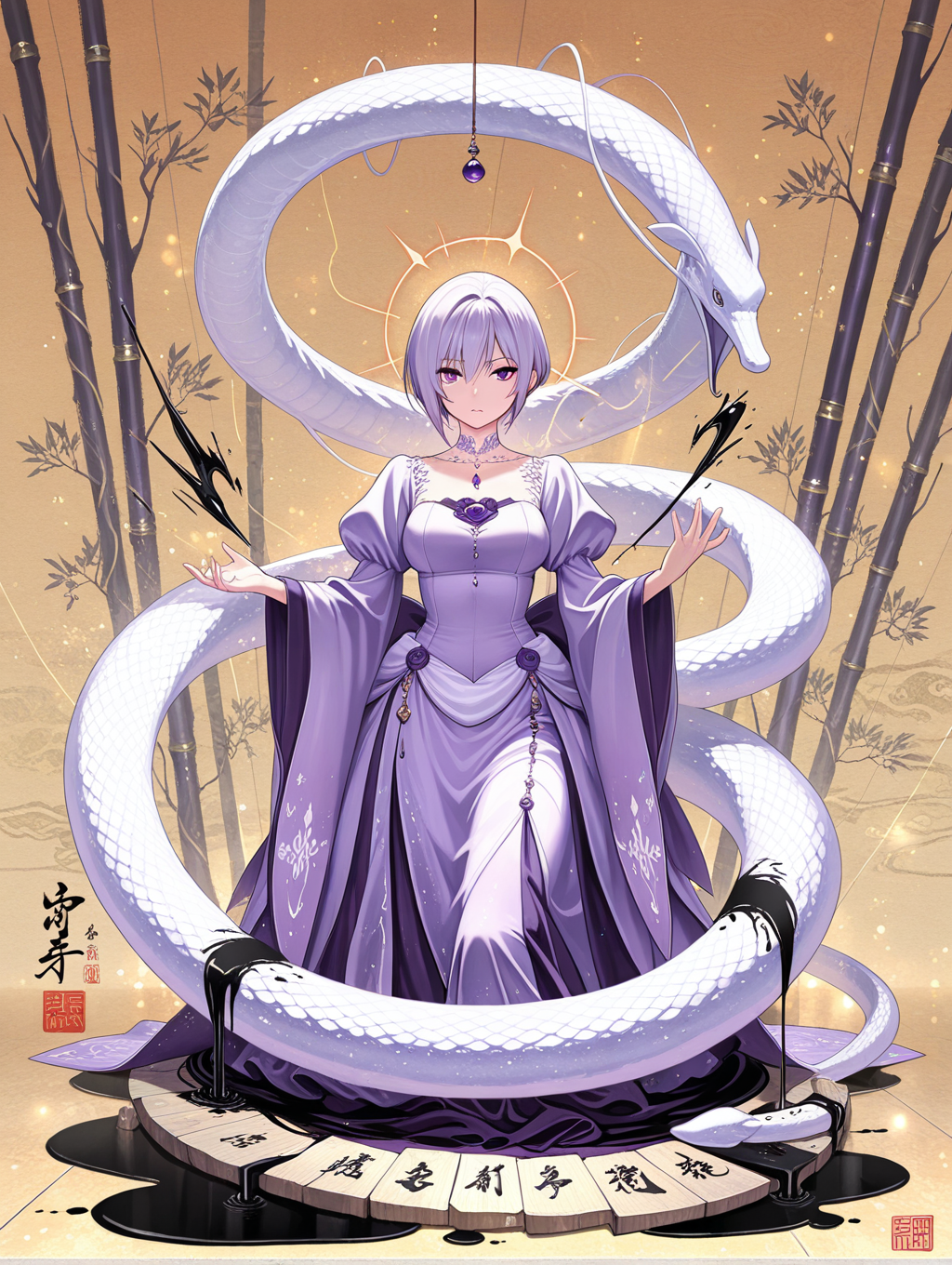 Ethereal priestess with white dragon in bamboo grove ritual - mystical anime art wallpaper