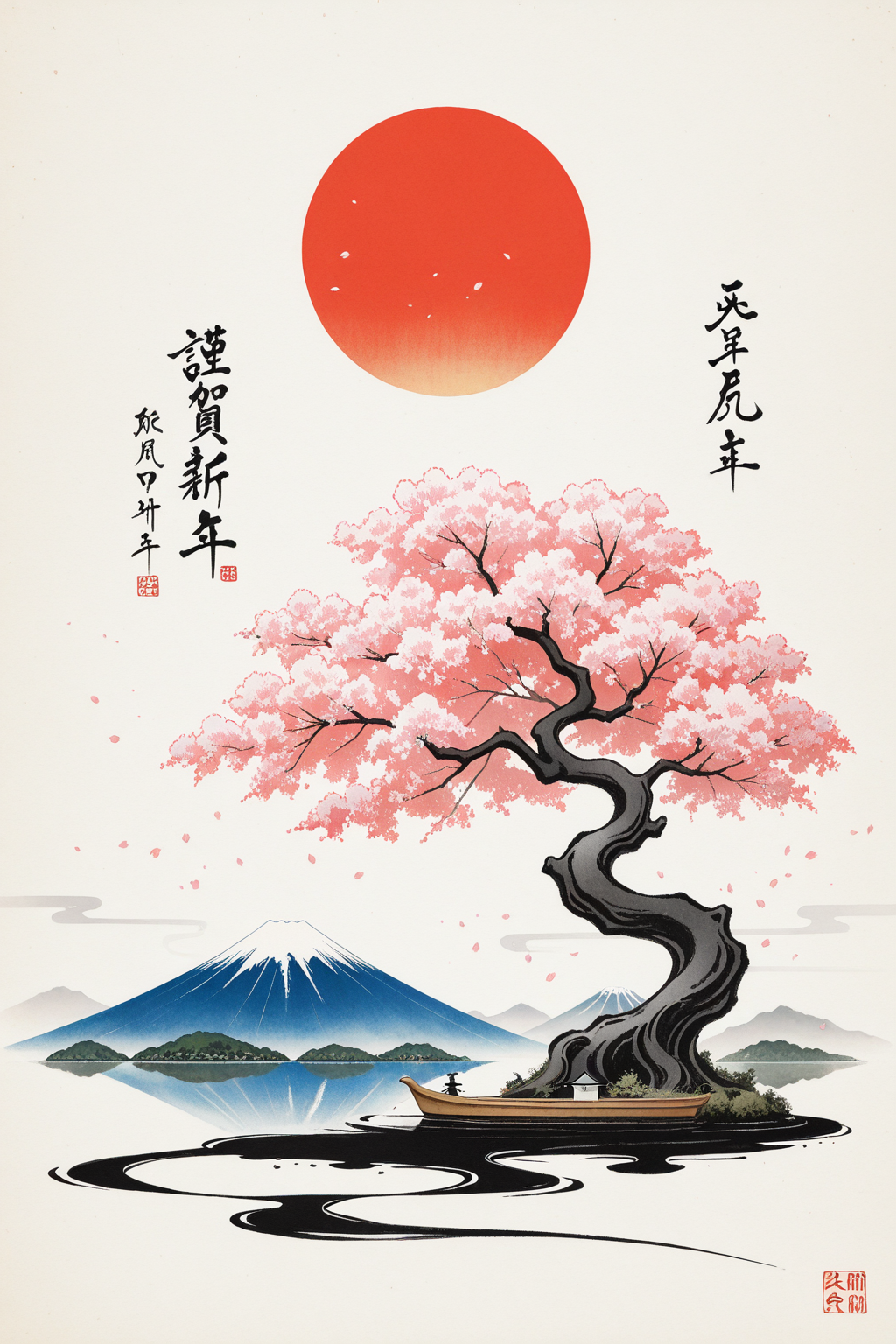 Sakura tree with Mount Fuji reflection and boat under red sun - Japanese ink art wallpaper