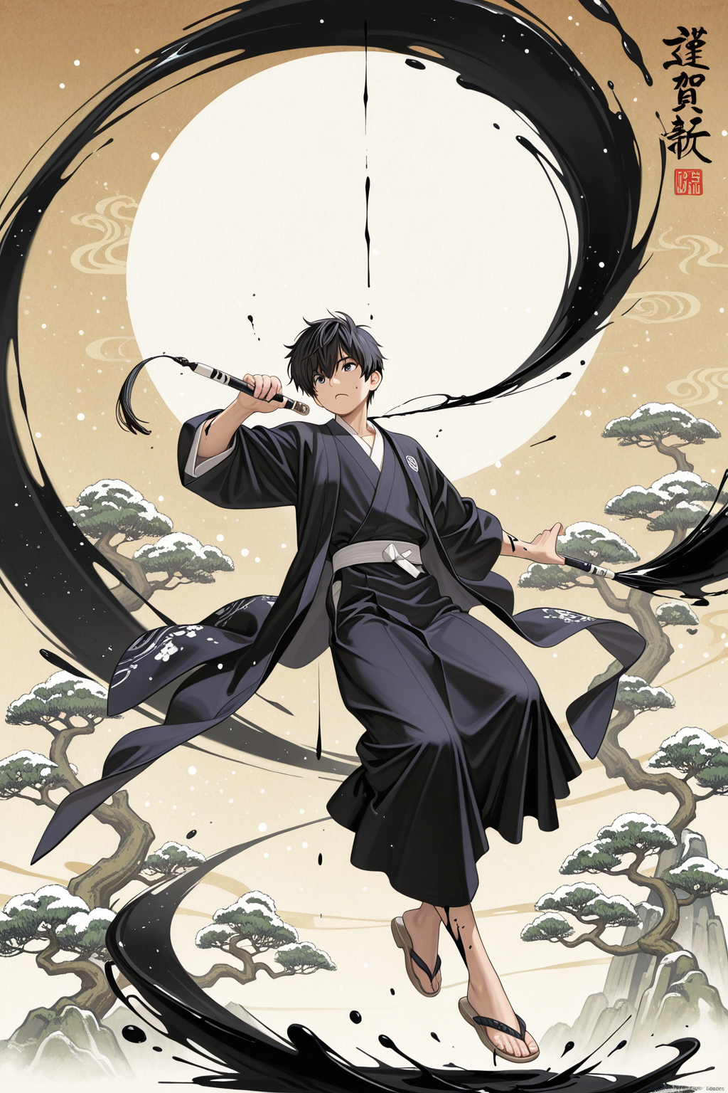 Epic samurai warrior in kimono with katana under full moon - Japanese ink art wallpaper