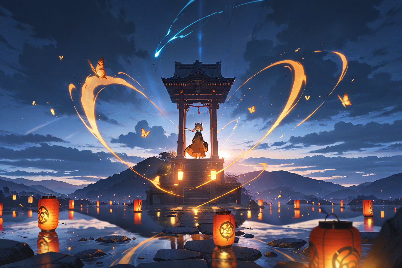 Twilight shrine with glowing lanterns and butterfly spirits - mystical 4K anime wallpaper
