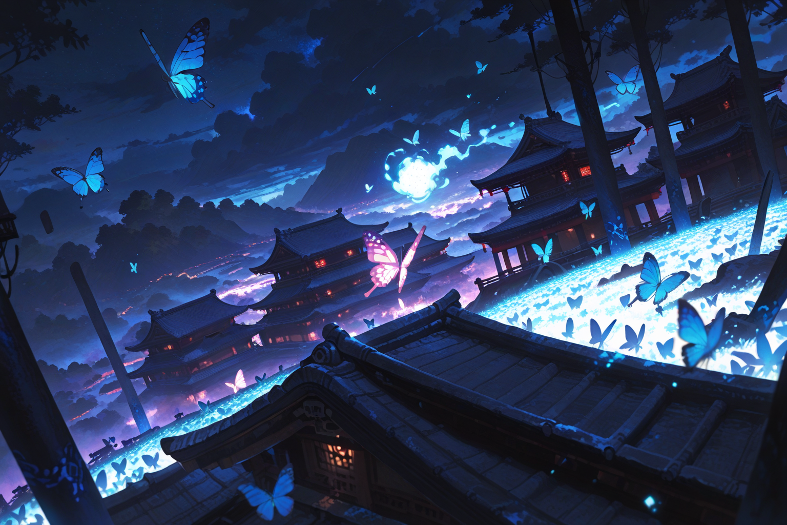 Temple courtyard with blue butterflies in magic circle - supernatural anime summoning wallpaper