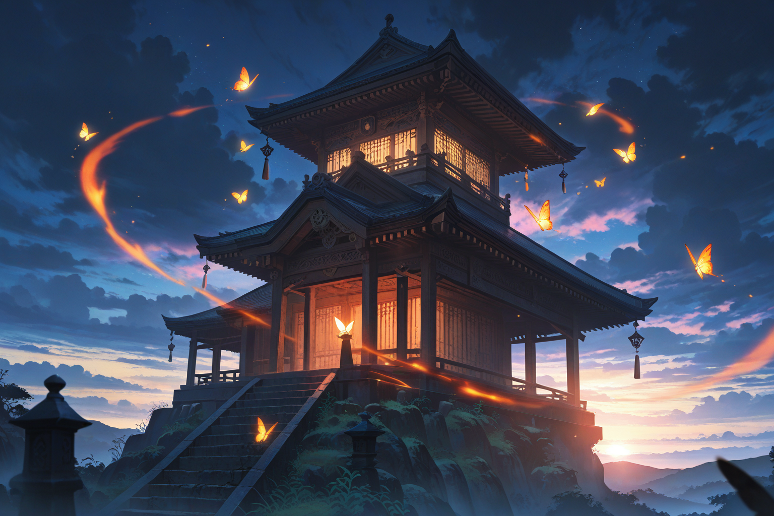 Temple at dusk with golden butterfly swarm and water reflection - ethereal anime wallpaper