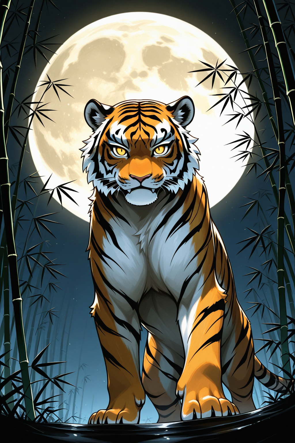 Majestic tiger prowling through bamboo under full moon - mystical guardian beast wallpaper