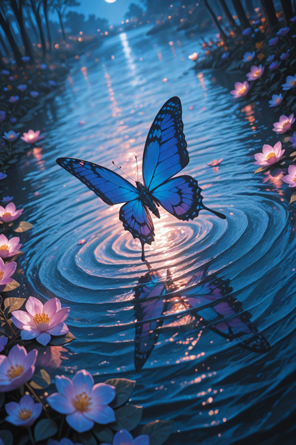 Radiant blue butterfly on lotus flowers in moonlit river - tranquil fantasy anime wallpaper