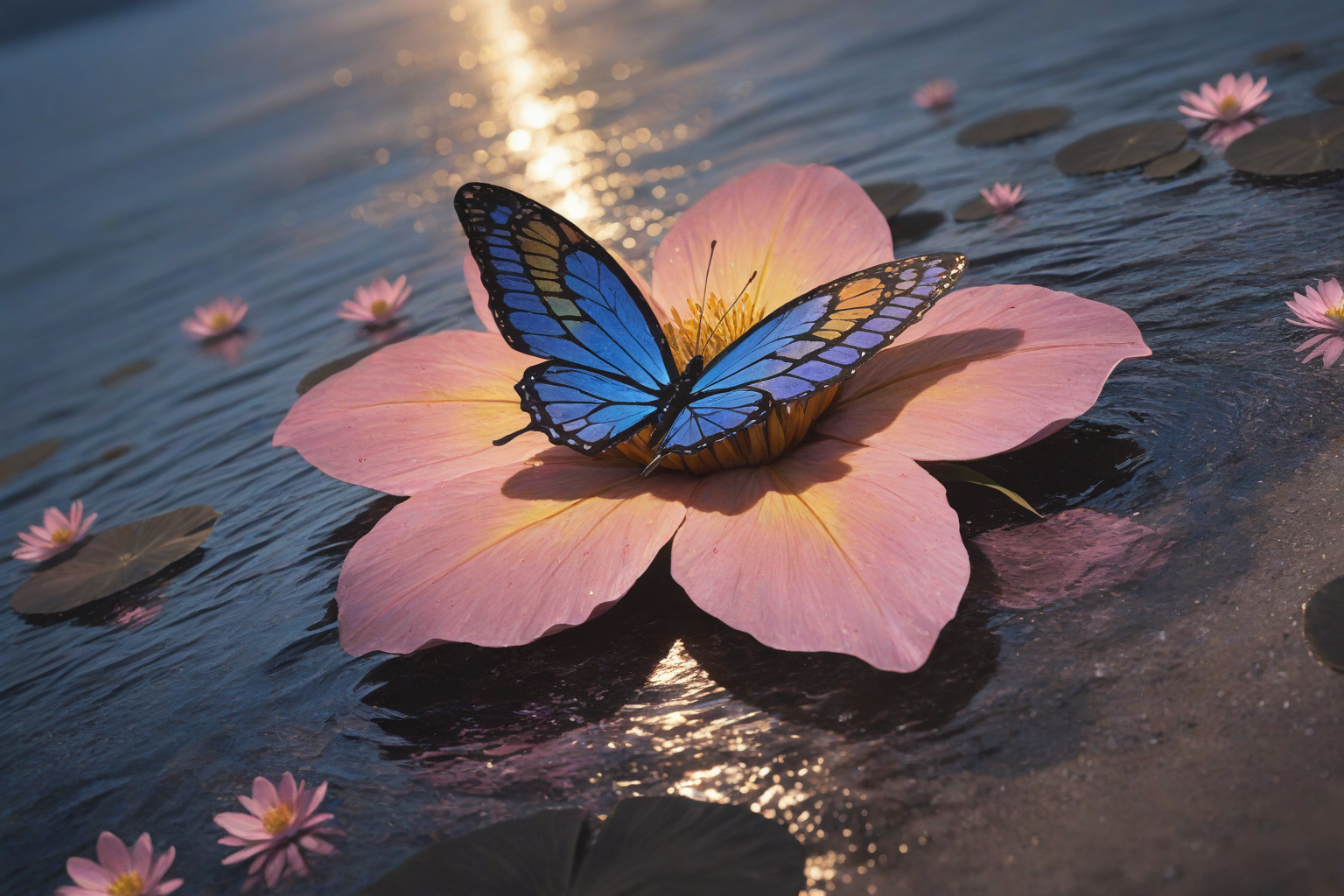 Blue butterfly on pink lotus with water reflection - zen peaceful anime wallpaper