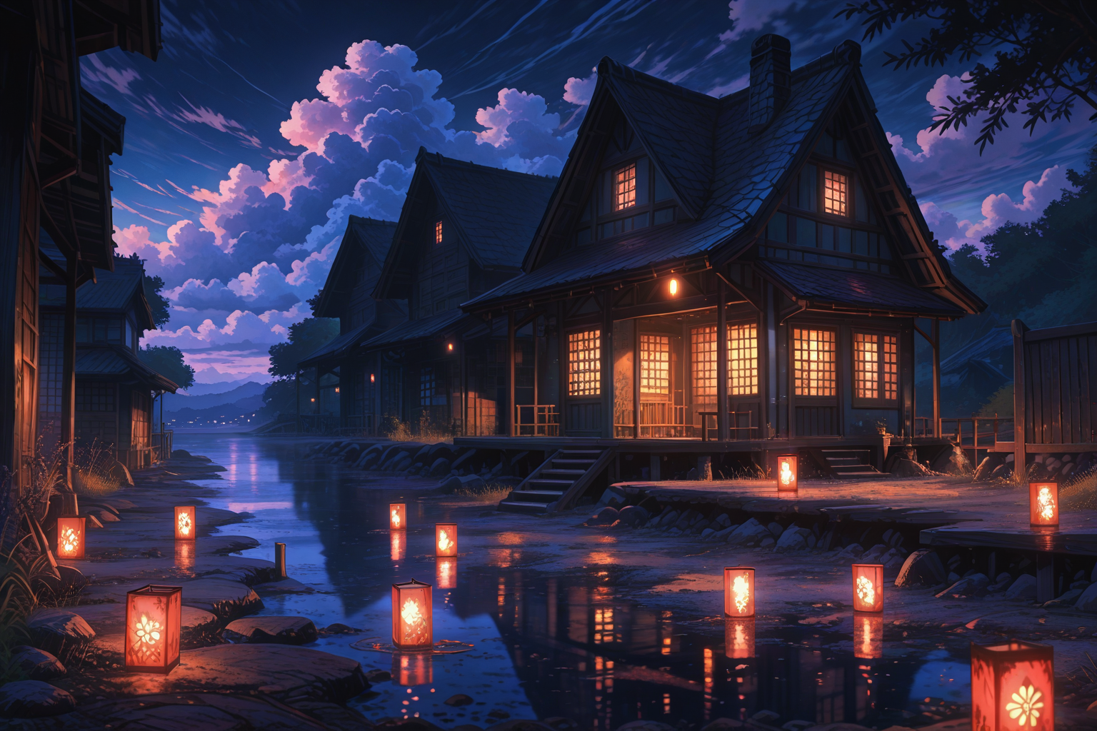 Cozy riverside house in Japanese countryside at twilight - peaceful anime village wallpaper