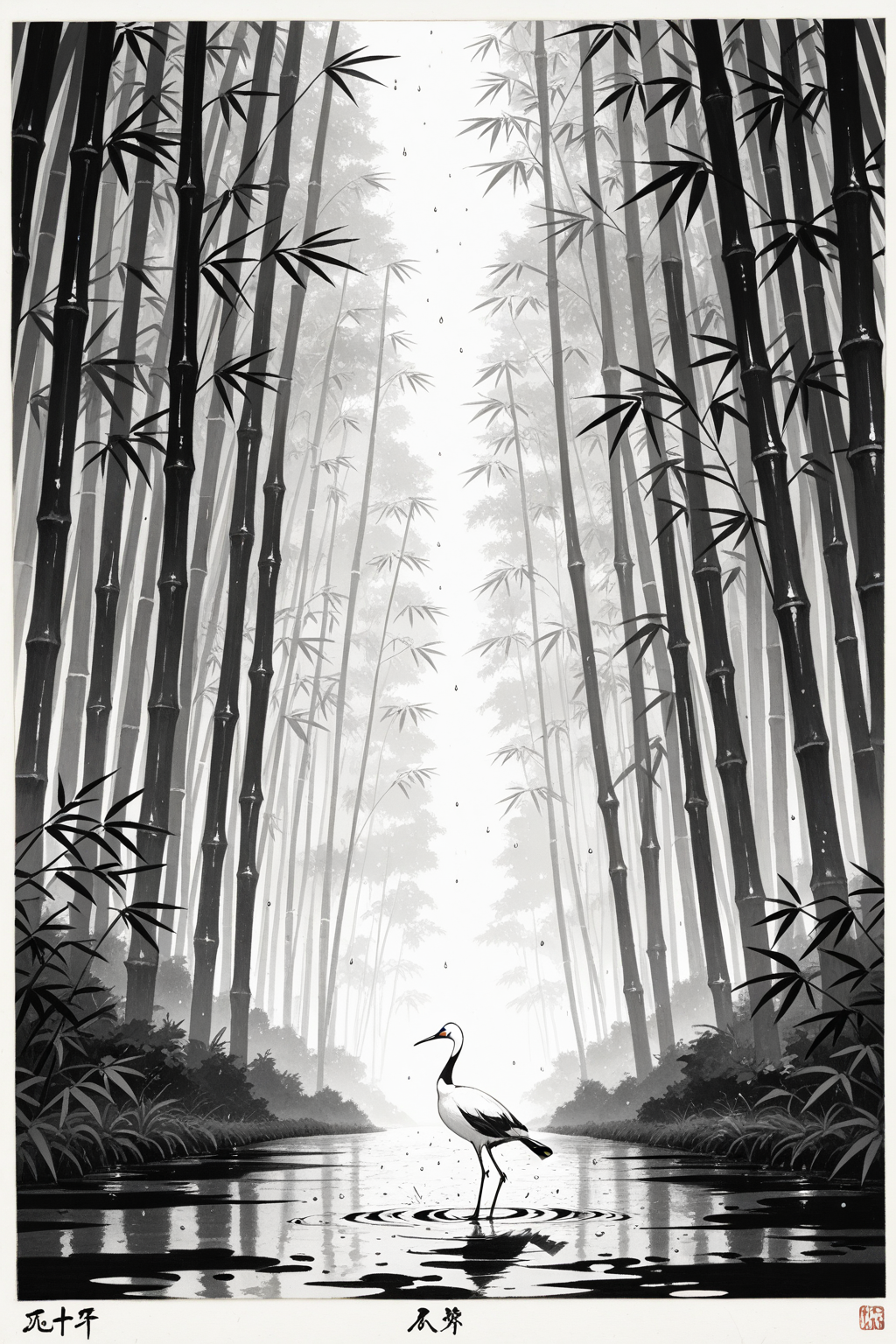 Elegant crane in bamboo grove - monochrome minimalist zen anime wallpaper