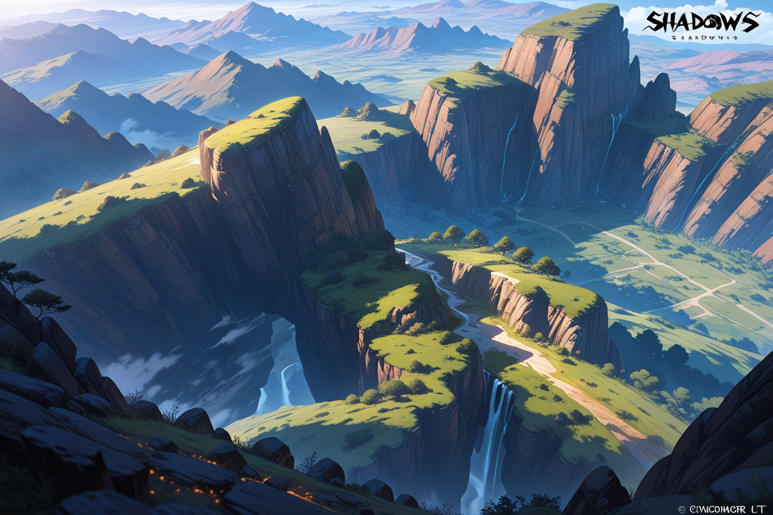 Epic mountain canyon with cascading waterfalls - cinematic 4K fantasy anime landscape wallpaper