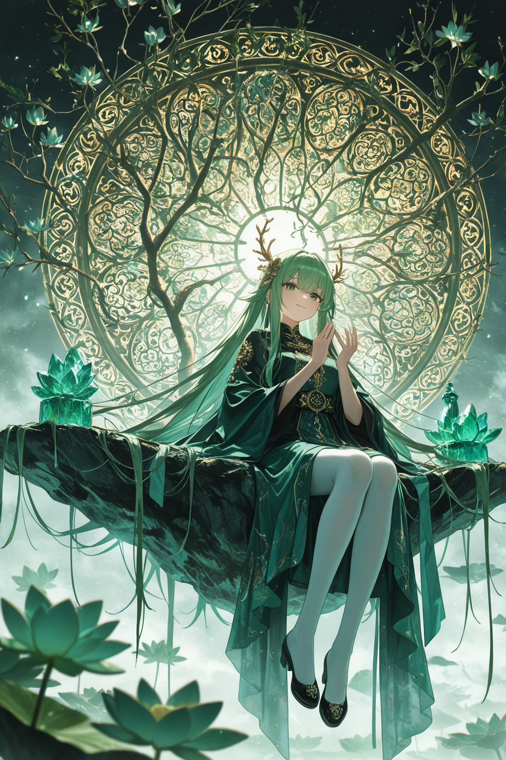 Elegant anime goddess with ornate green mandala circle - fantasy magical wallpaper