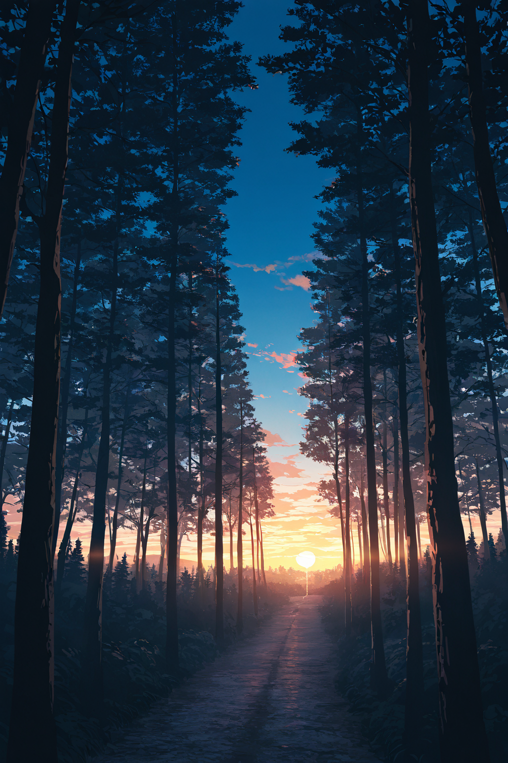 Forest trail at sunrise leading to mountains - adventure anime landscape wallpaper