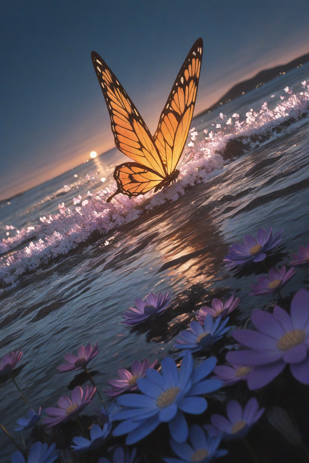 Golden butterfly floating above flower waves at seaside sunset - dreamlike fantasy anime wallpaper