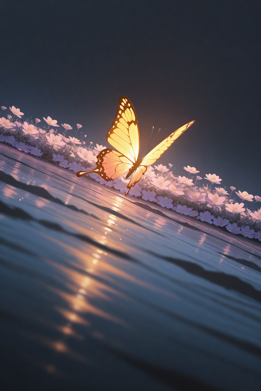 Golden monarch butterfly on ocean waves with cherry blossom petals at sunset - aesthetic anime wallpaper