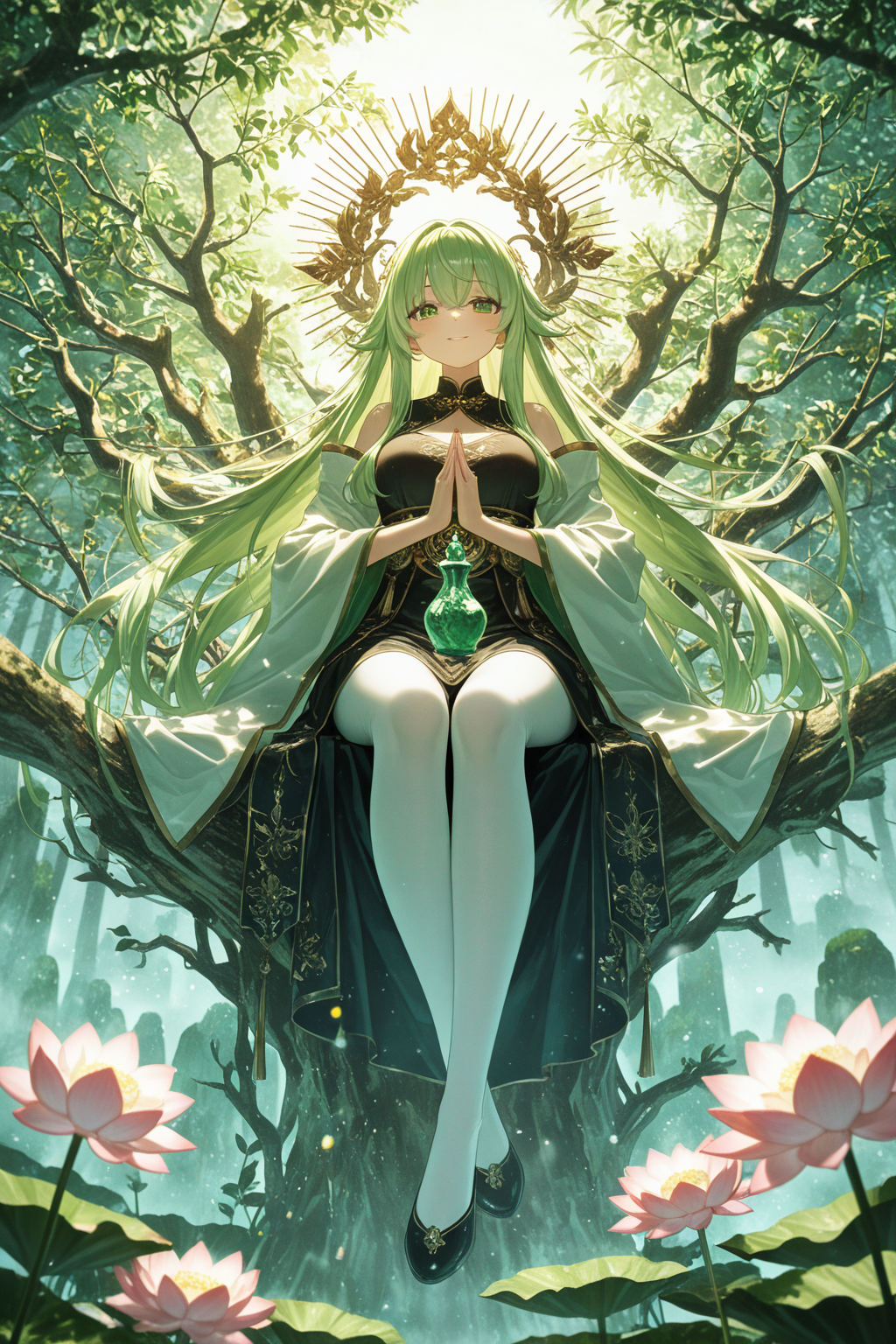 Green-haired anime goddess in mystical forest temple with lotus flowers - spiritual fantasy wallpaper