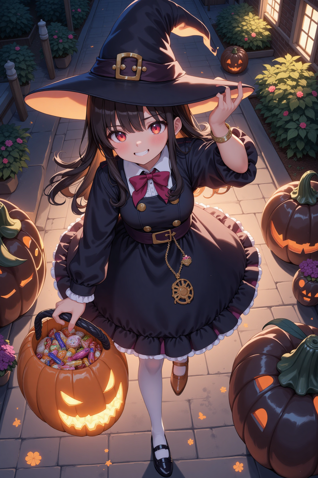Adorable anime witch girl with pumpkins and candy - cute Halloween kawaii wallpaper
