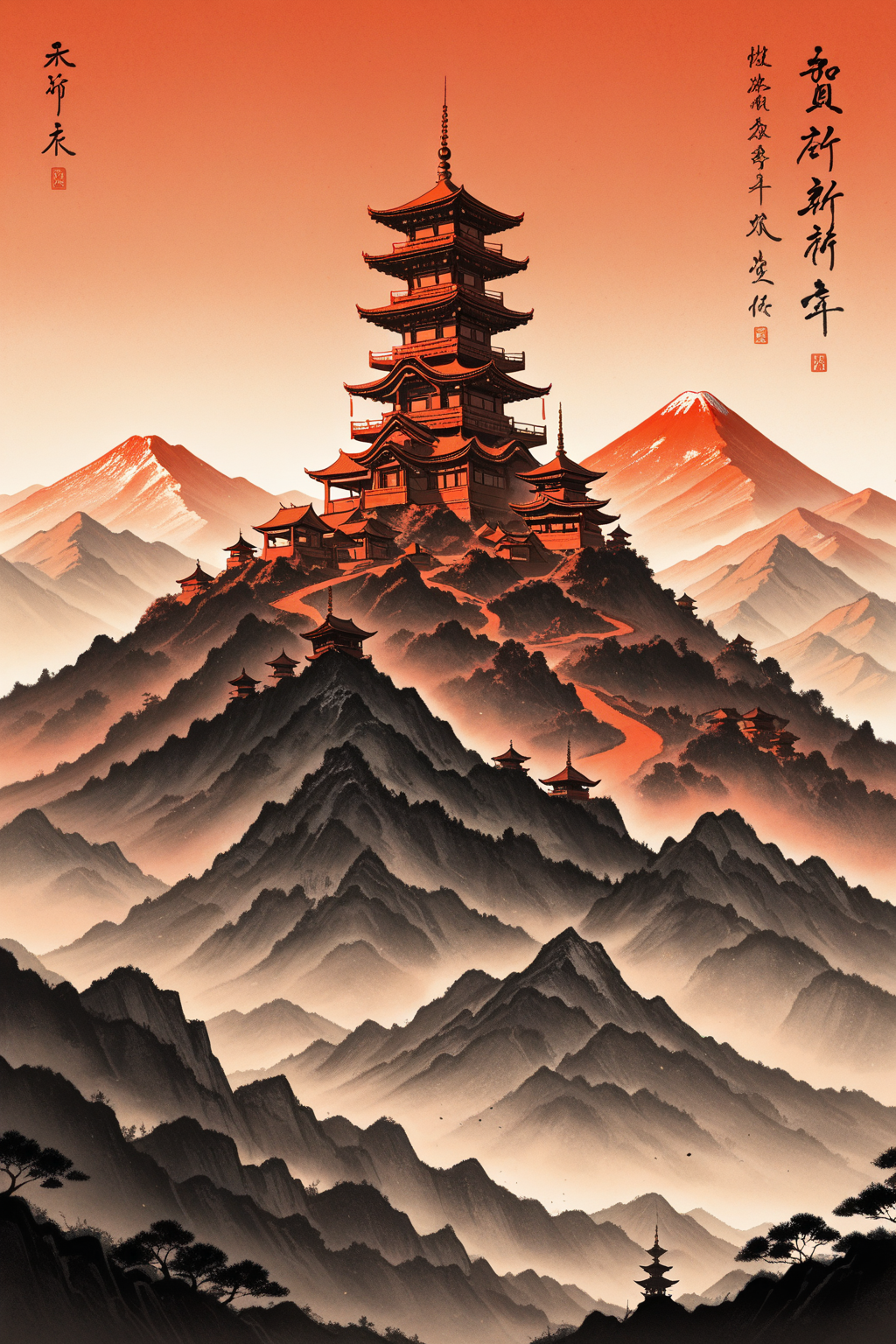 Japanese pagoda in mountains - minimalist monochrome ink painting anime wallpaper
