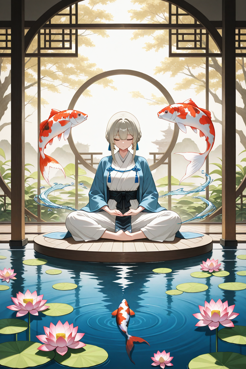 Anime shrine maiden meditating by koi pond in zen garden - peaceful spiritual wallpaper