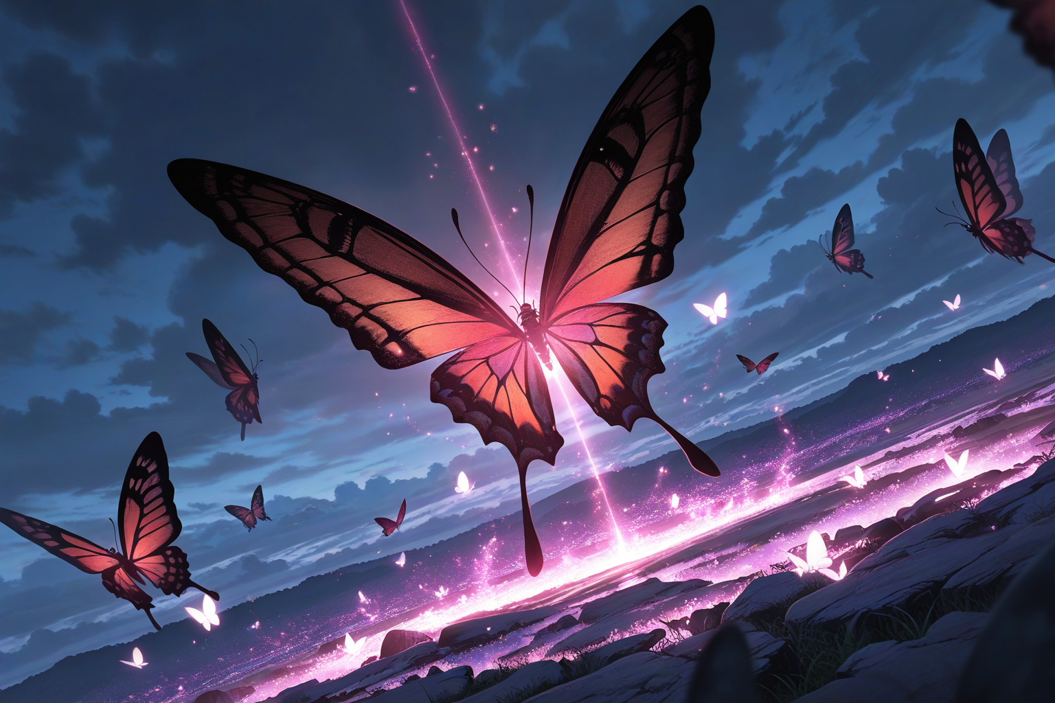 Pink butterflies dancing in cosmic light beam - magical girl fantasy anime wallpaper