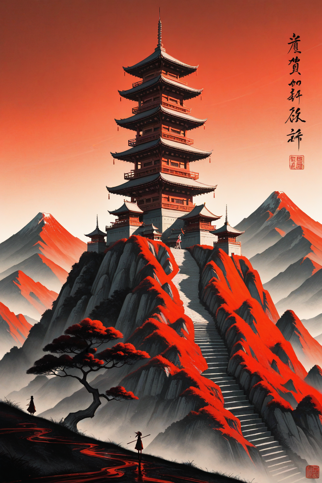 Red pagoda on cliffside against fiery sunset - epic samurai anime landscape wallpaper
