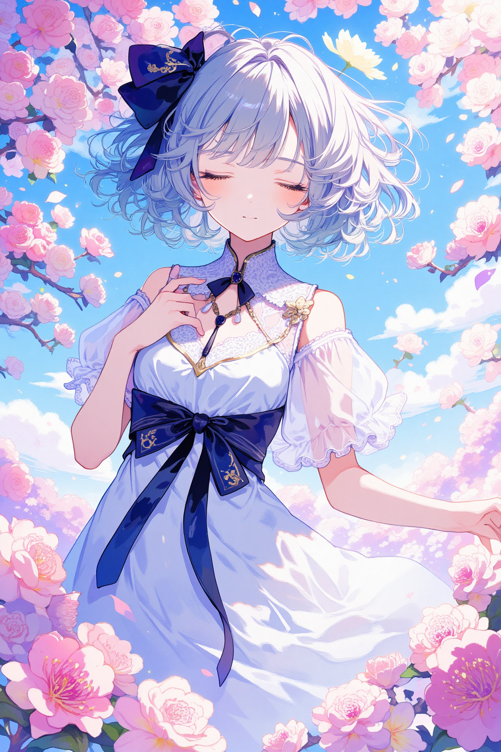 Beautiful silver-haired anime girl surrounded by sakura petals - romantic spring garden wallpaper