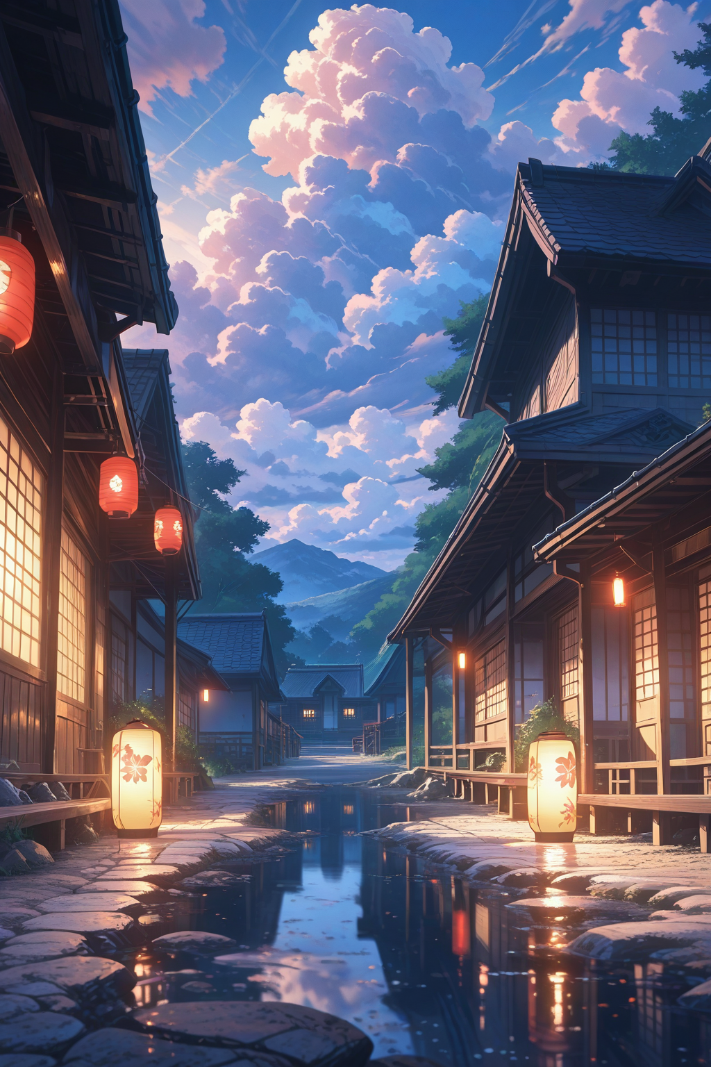 Traditional Japanese street with lanterns and morning clouds - nostalgic anime town wallpaper