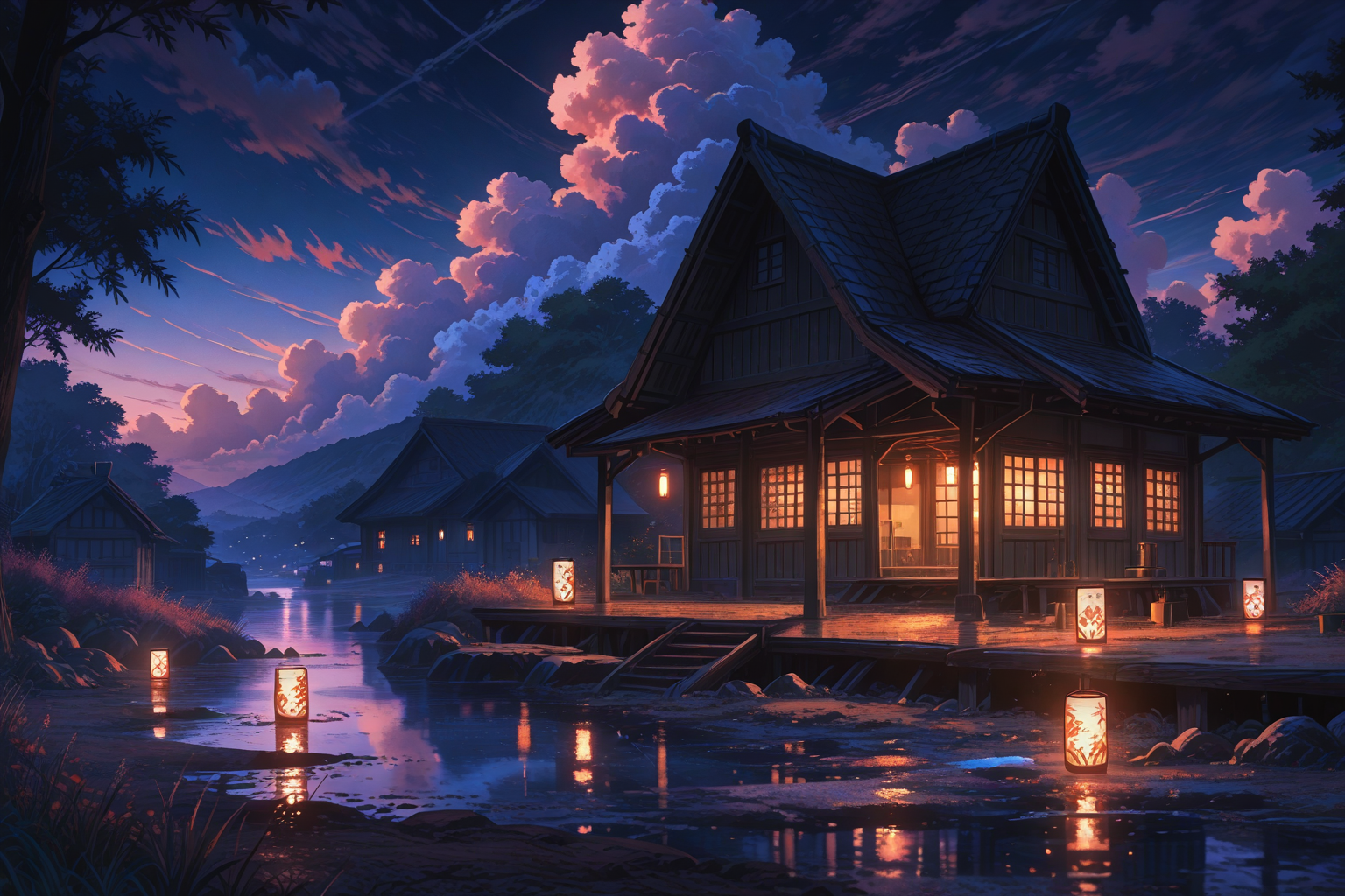Tranquil Japanese village with glowing lanterns at sunset - peaceful rural anime wallpaper