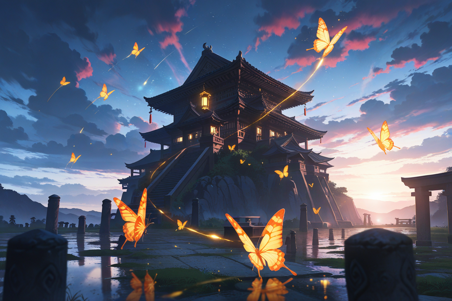 Wide panoramic ancient shrine with butterflies at evening - mystical anime desktop wallpaper