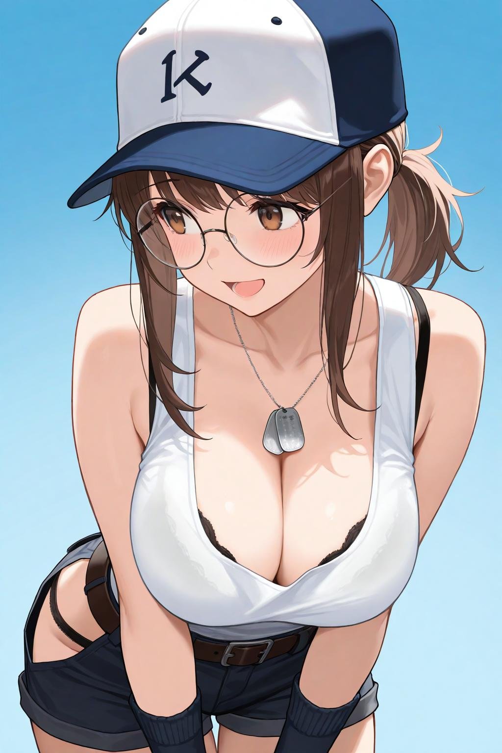 cute anime girl in baseball outfit with dog tag necklace, evoking vibes of mikasa and bulma from dragon ball
