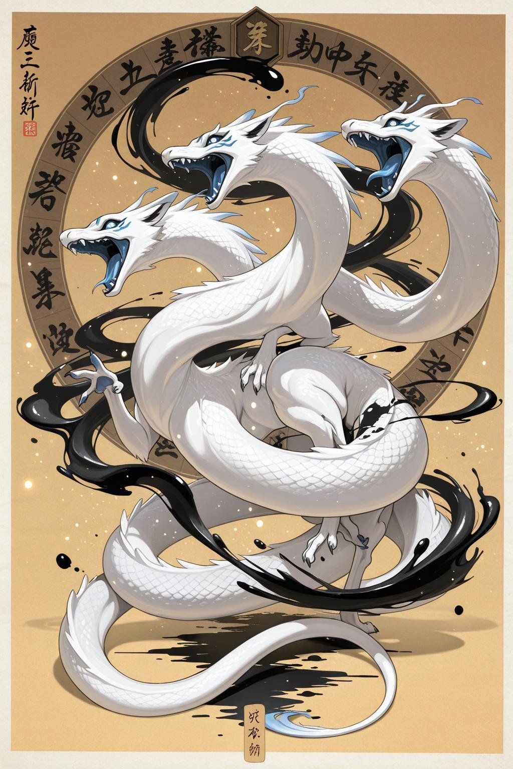 epic anime white dragon with three heads and calligraphy, featuring shenron dragon ball z and naruto legendary beast themes