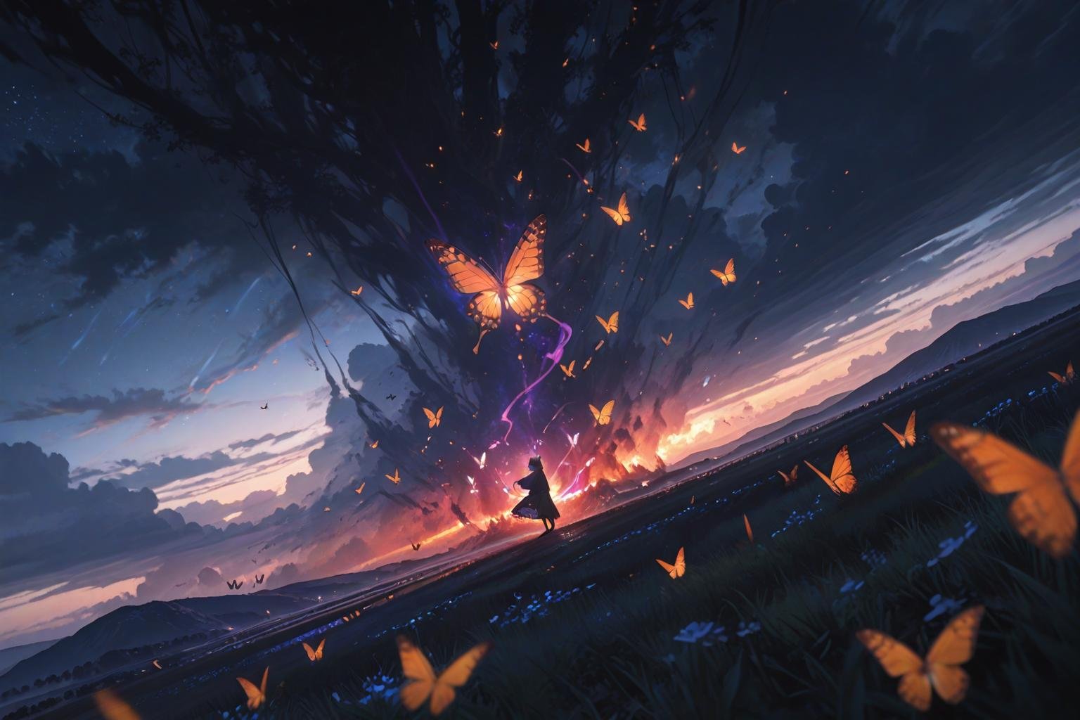 anime girl casting butterfly magic under dramatic sunset, evoking makima chainsaw man, hinata naruto, and goku dragon ball
