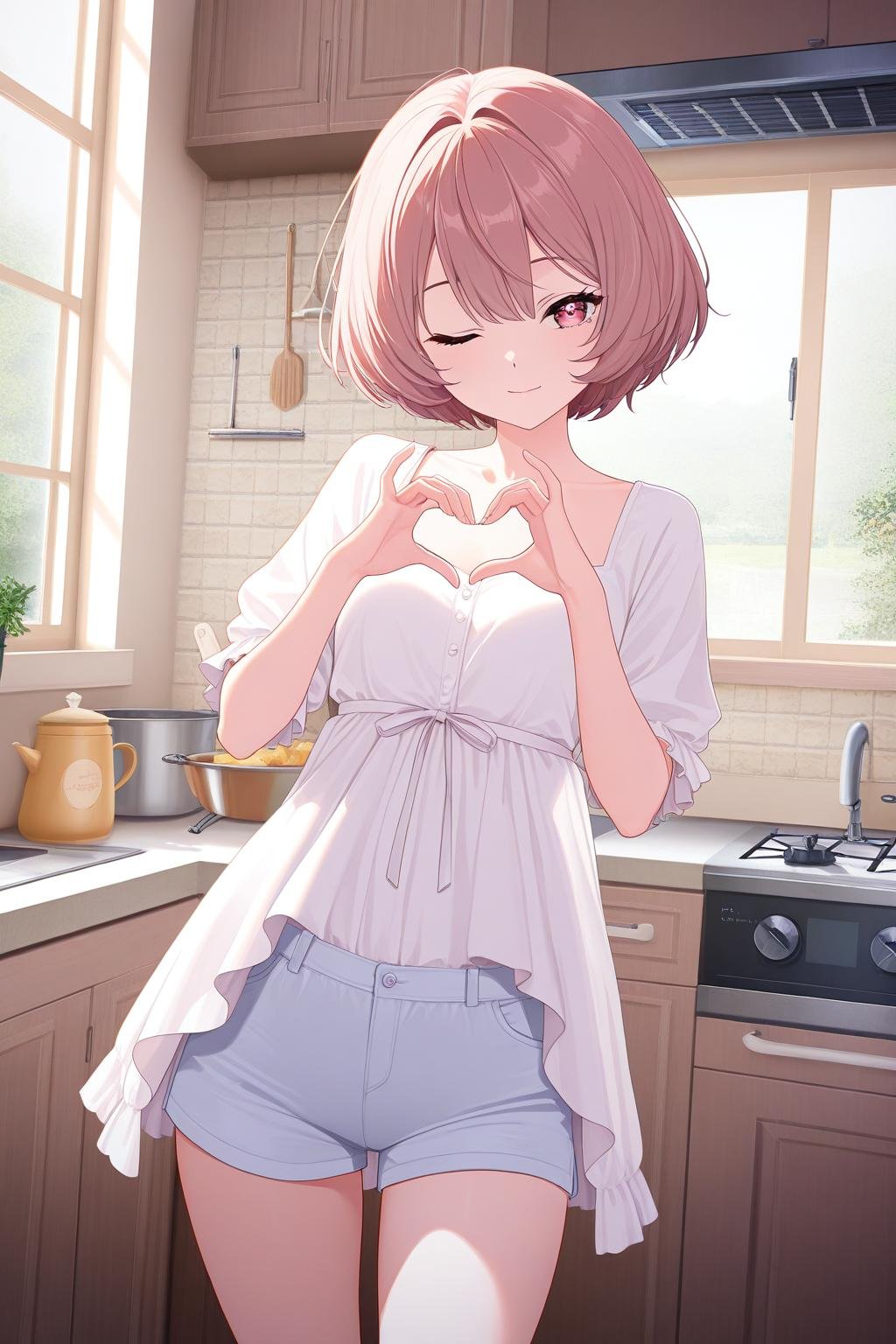 sweet anime girl with short hair in kitchen, evoking bulma, yoruichi and makima character moments